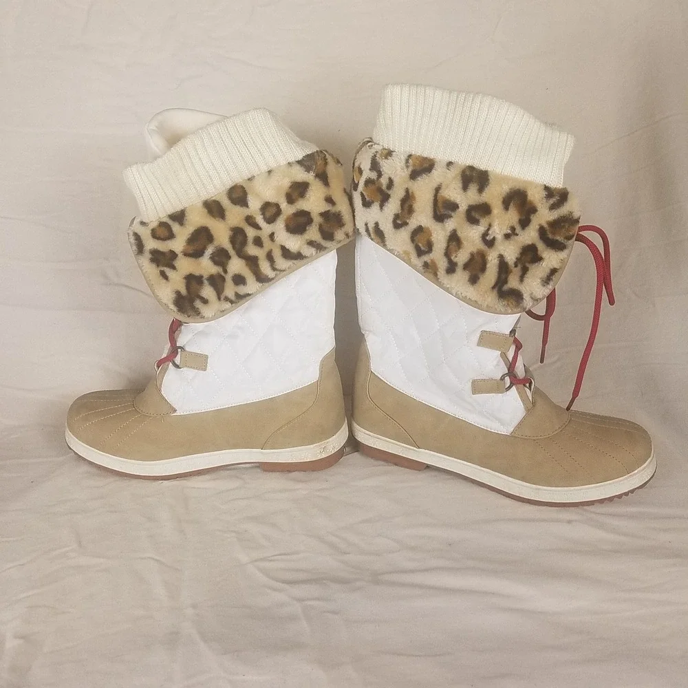 Venett Winter Duck Boots Womens 9 White Tan NWOT Quilted Leopard Faux Fur